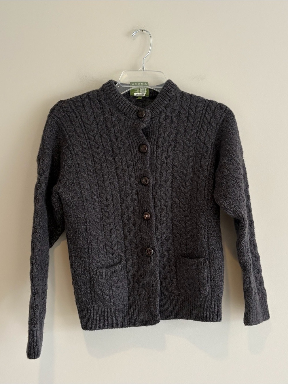 Shannon Woolin Mills Dark Gray Cable-Knit Button Front Wool Cardigan Size S